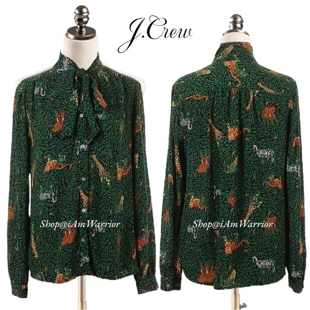 J.Crew hunter green jungle print tie neck blouse *shop@iamwarrior